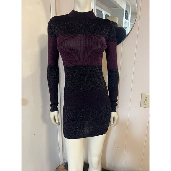 White House Black Market Tight Knit Sparkly Mock Neck Purple/Black Tunic Sweater - Picture 1 of 11